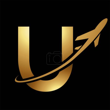 Foto de Letra en mayúscula de oro brillante U icono con un avión sobre un fondo negro - Imagen libre de derechos