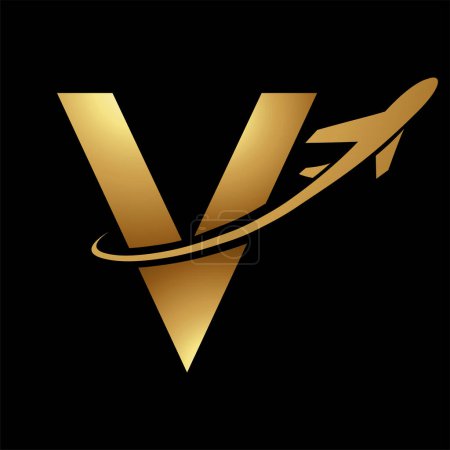 Photo for Glossy Gold Uppercase Letter V Icon with an Airplane on a Black Background - Royalty Free Image