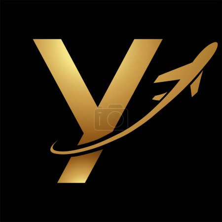 Photo for Glossy Gold Uppercase Letter Y Icon with an Airplane on a Black Background - Royalty Free Image