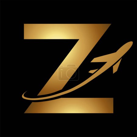 Photo for Glossy Gold Uppercase Letter Z Icon with an Airplane on a Black Background - Royalty Free Image