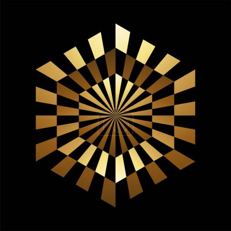 Foto de Icono de ilusión óptica en forma de hexágono abstracto de oro sobre un fondo negro - Imagen libre de derechos
