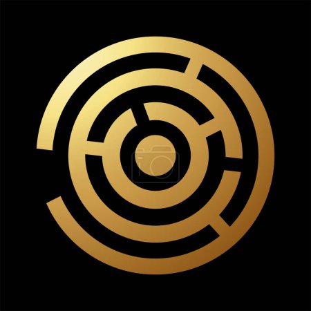 Foto de Icono en forma de laberinto redondo abstracto de oro con un círculo sobre un fondo negro - Imagen libre de derechos