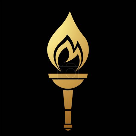 Téléchargez les photos : Gold Abstract Torche simplifiée et icône de la flamme sur un fond noir - en image libre de droit