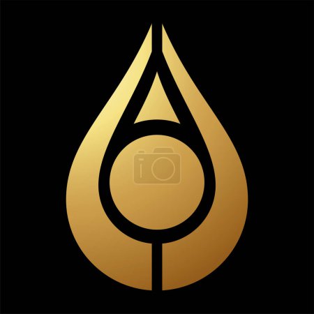 Foto de Icono de gota de agua puntiaguda abstracta de oro con un círculo sobre un fondo negro - Imagen libre de derechos