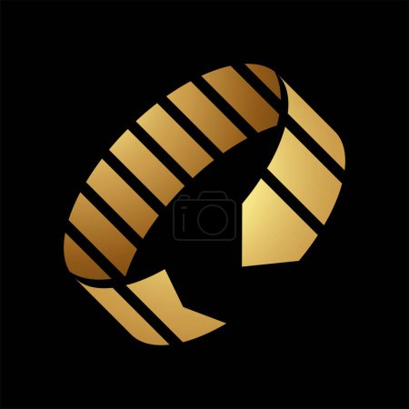 Foto de Icono redondo con forma de flecha rayada abstracta de oro sobre un fondo negro - Imagen libre de derechos