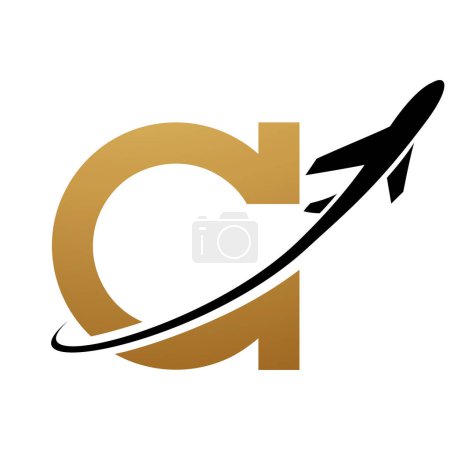 Photo for Gold and Black Antique Letter C Icon with an Airplane on a White Background - Royalty Free Image
