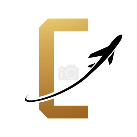 Photo for Gold and Black Futuristic Letter C Icon with an Airplane on a White Background - Royalty Free Image