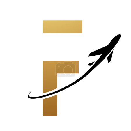 Photo for Gold and Black Futuristic Letter F Icon with an Airplane on a White Background - Royalty Free Image
