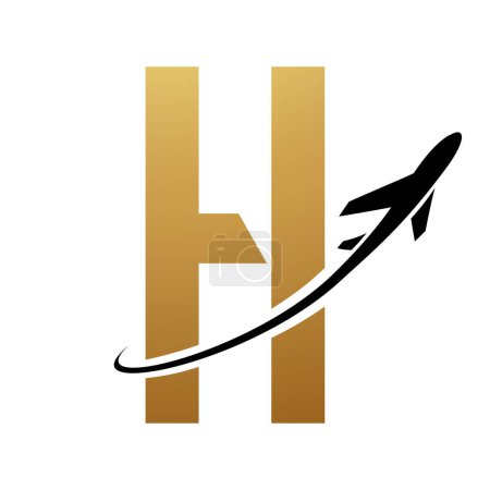 Photo for Gold and Black Futuristic Letter H Icon with an Airplane on a White Background - Royalty Free Image