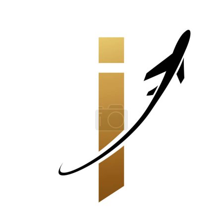 Photo for Gold and Black Lowercase Letter I Icon with an Airplane on a White Background - Royalty Free Image