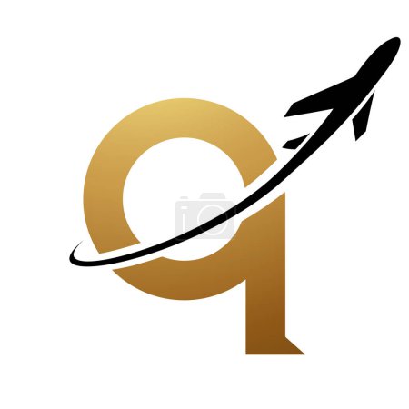 Photo for Gold and Black Lowercase Letter Q Icon with an Airplane on a White Background - Royalty Free Image
