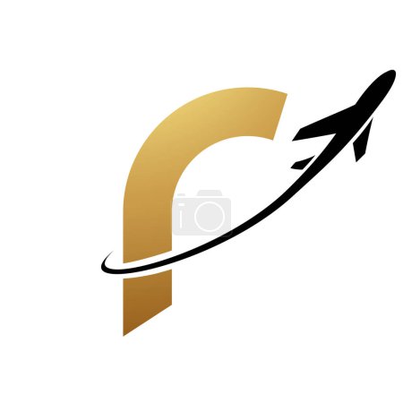 Photo for Gold and Black Lowercase Letter R Icon with an Airplane on a White Background - Royalty Free Image