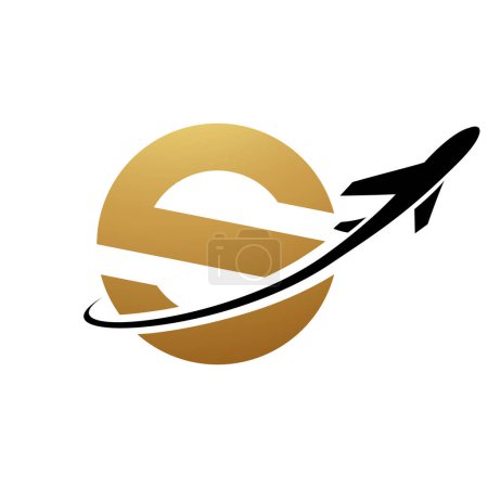 Photo for Gold and Black Lowercase Letter S Icon with an Airplane on a White Background - Royalty Free Image