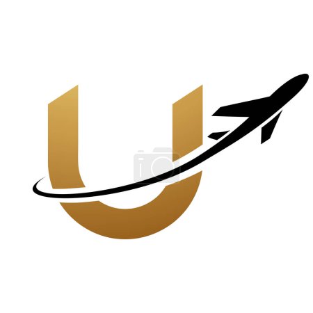 Photo for Gold and Black Lowercase Letter U Icon with an Airplane on a White Background - Royalty Free Image