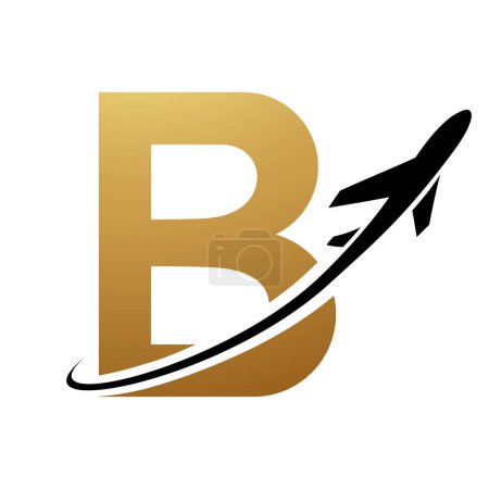 Photo for Gold and Black Uppercase Letter B Icon with an Airplane on a White Background - Royalty Free Image