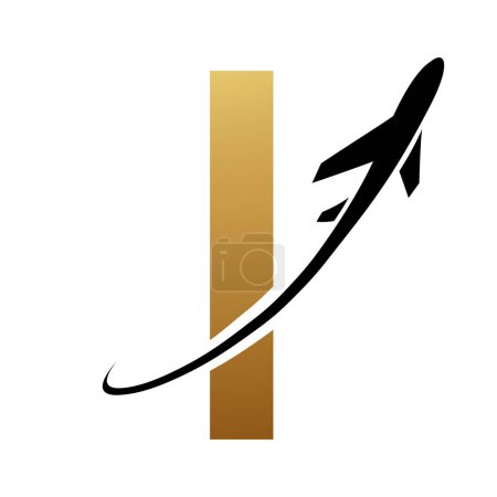 Photo for Gold and Black Uppercase Letter I Icon with an Airplane on a White Background - Royalty Free Image