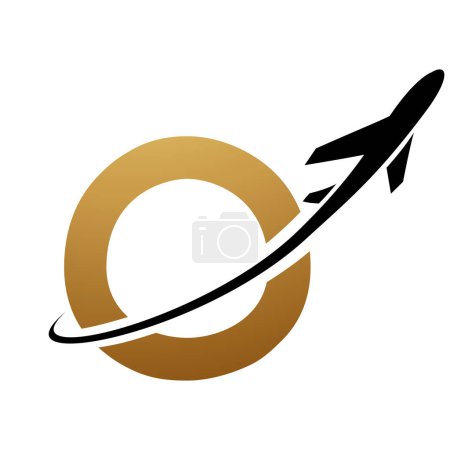 Photo for Gold and Black Uppercase Letter O Icon with an Airplane on a White Background - Royalty Free Image