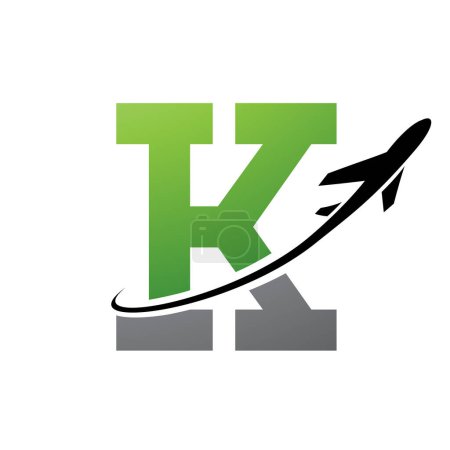 Photo for Green and Black Antique Letter K Icon with an Airplane on a White Background - Royalty Free Image