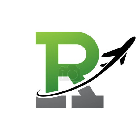 Photo for Green and Black Antique Letter R Icon with an Airplane on a White Background - Royalty Free Image