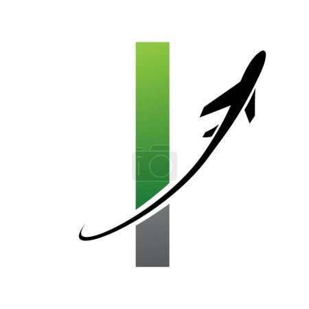 Téléchargez les photos : Icône verte et futuriste noire de la lettre I avec un avion sur fond blanc - en image libre de droit