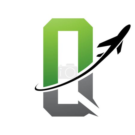 Téléchargez les photos : Icône Q futuriste verte et noire avec un avion sur fond blanc - en image libre de droit