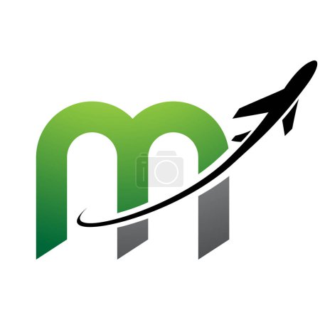 Photo for Green and Black Lowercase Letter M Icon with an Airplane on a White Background - Royalty Free Image