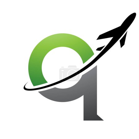Photo for Green and Black Lowercase Letter Q Icon with an Airplane on a White Background - Royalty Free Image