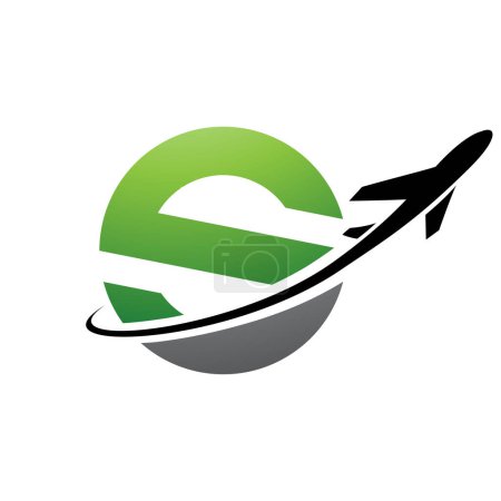 Photo for Green and Black Lowercase Letter S Icon with an Airplane on a White Background - Royalty Free Image
