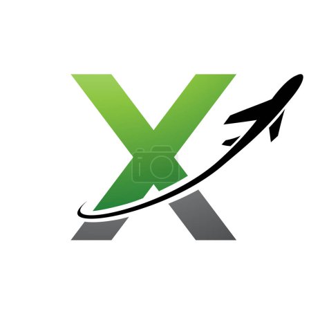 Photo for Green and Black Lowercase Letter X Icon with an Airplane on a White Background - Royalty Free Image