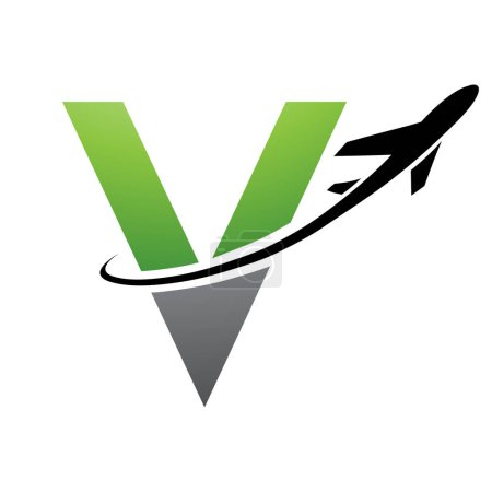 Téléchargez les photos : Lettre majuscule verte et noire V Icône avec un avion sur fond blanc - en image libre de droit