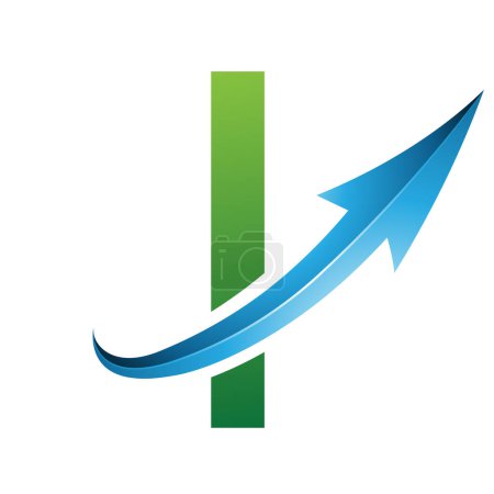 Téléchargez les photos : Icône futuriste verte et bleue de la lettre I avec une flèche brillante sur fond blanc - en image libre de droit