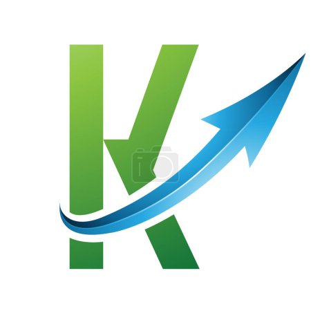 Téléchargez les photos : Icône K futuriste verte et bleue avec une flèche brillante sur fond blanc - en image libre de droit