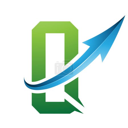 Téléchargez les photos : Icône Q futuriste verte et bleue avec une flèche brillante sur fond blanc - en image libre de droit