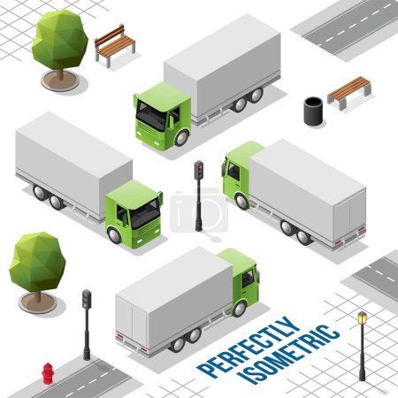 Téléchargez les photos : Gros camion isométrique vert de l'avant arrière droit et gauche Vues isolées sur blanc - en image libre de droit