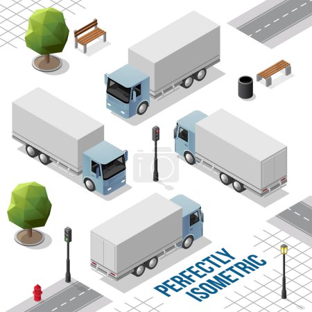 Téléchargez les photos : Grand camion isométrique bleu gris de l'avant arrière droit et gauche vues isolées sur blanc - en image libre de droit
