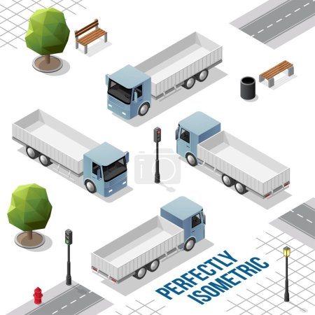 Téléchargez les photos : Camion isométrique bleu gris de l'avant arrière droit et gauche Vues isolées sur blanc - en image libre de droit