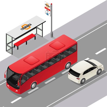 Téléchargez les photos : Arrêt de bus isométrique et route face à droite isolé sur un fond blanc - en image libre de droit