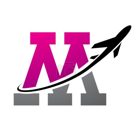 Photo for Magenta and Black Antique Letter M Icon with an Airplane on a White Background - Royalty Free Image