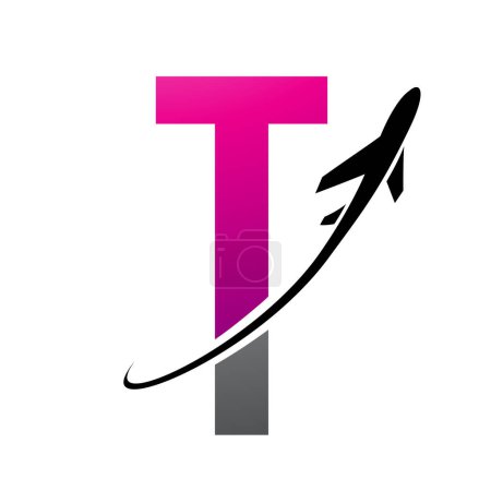 Photo for Magenta and Black Futuristic Letter T Icon with an Airplane on a White Background - Royalty Free Image