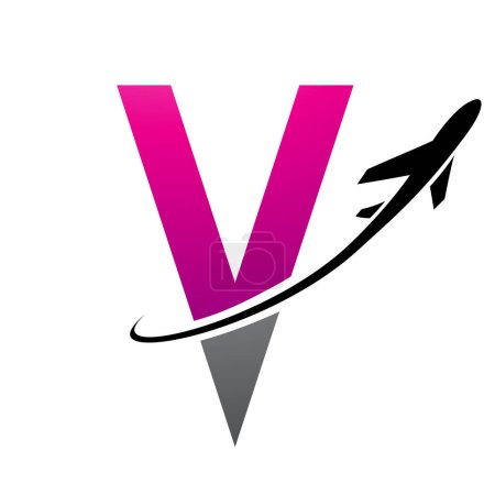Photo for Magenta and Black Futuristic Letter V Icon with an Airplane on a White Background - Royalty Free Image
