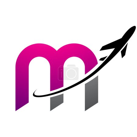 Photo for Magenta and Black Lowercase Letter M Icon with an Airplane on a White Background - Royalty Free Image