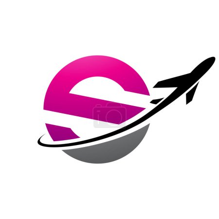 Photo for Magenta and Black Lowercase Letter S Icon with an Airplane on a White Background - Royalty Free Image