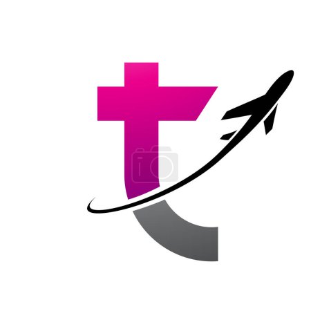 Photo for Magenta and Black Lowercase Letter T Icon with an Airplane on a White Background - Royalty Free Image