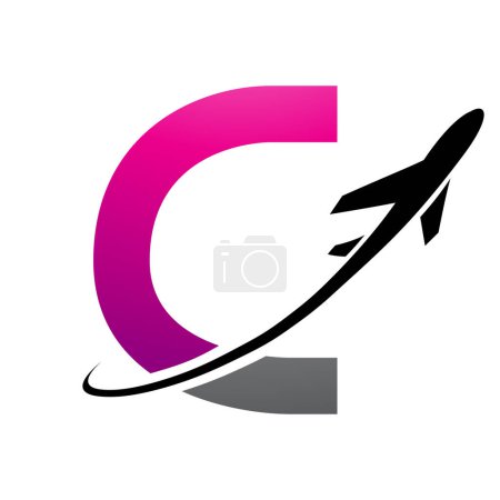 Photo for Magenta and Black Uppercase Letter C Icon with an Airplane on a White Background - Royalty Free Image