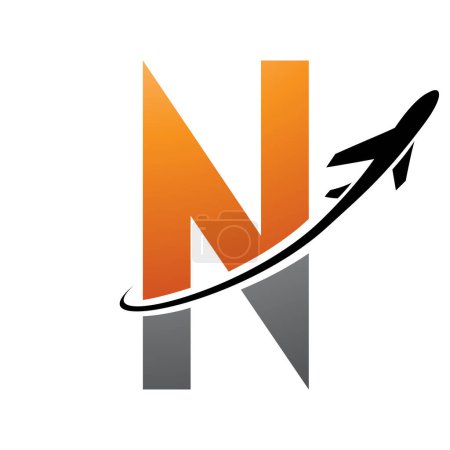 Photo for Orange and Black Futuristic Letter N Icon with an Airplane on a White Background - Royalty Free Image