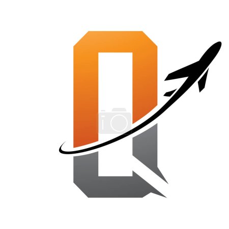 Foto de Icono Q de letra futurista naranja y negra con un avión sobre fondo blanco - Imagen libre de derechos