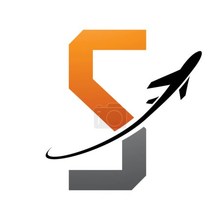 Photo for Orange and Black Futuristic Letter S Icon with an Airplane on a White Background - Royalty Free Image
