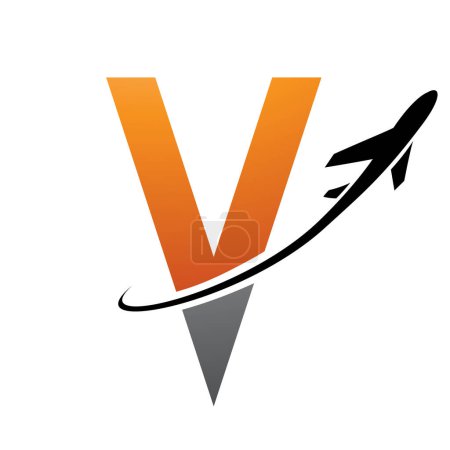 Téléchargez les photos : Icône de lettre V futuriste orange et noire avec un avion sur fond blanc - en image libre de droit