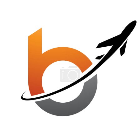 Foto de Icono de letra B minúscula naranja y negra con un avión sobre fondo blanco - Imagen libre de derechos