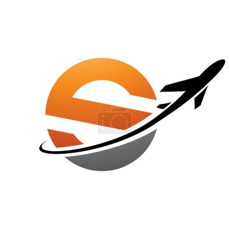 Photo for Orange and Black Lowercase Letter S Icon with an Airplane on a White Background - Royalty Free Image